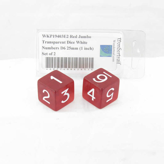 WKP19403E2 Red Jumbo Transparent Dice White Numbers D6 25mm (1 inch) Set of 2 Main Image
