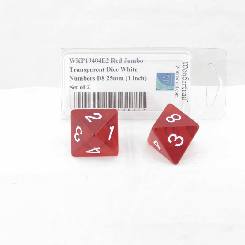 WKP19404E2 Red Jumbo Transparent Dice White Numbers D8 25mm (1 inch) Set of 2 Main Image