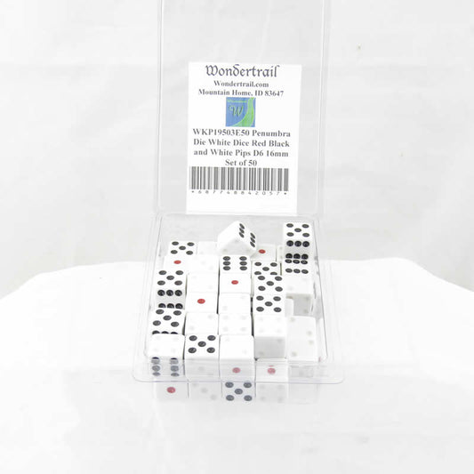 WKP19503E50 Penumbra Die White Dice Red Black and White Pips D6 16mm Set of 50 Main Image