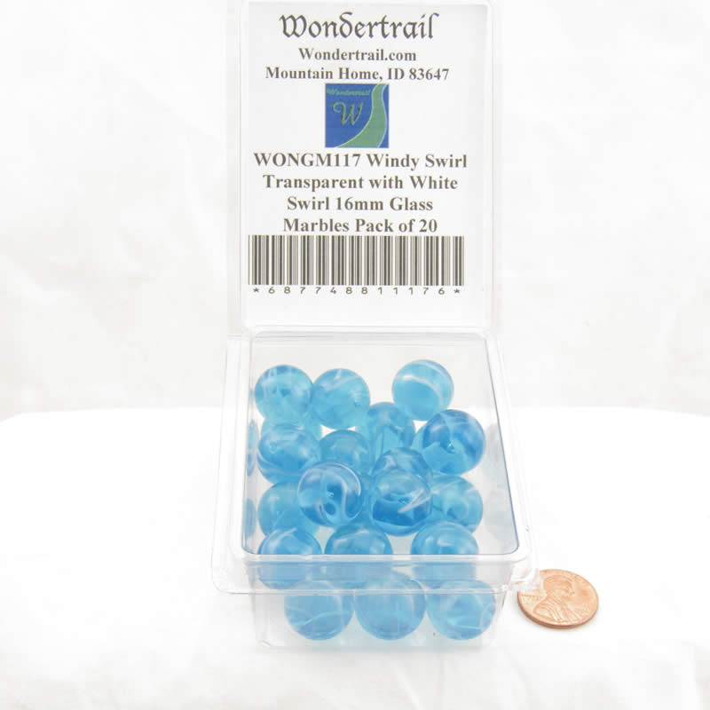 WONGM117 Windy Swirl Transparent with White Swirl 16mm Glass Marbles Pack of 20 2nd Image